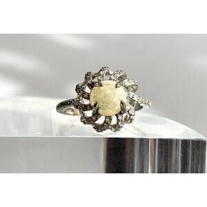 Faux Opal Accented Sunray Framed 925 Sterling Silver Vintage Ring - sz 9